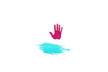 Obraz premium vibrant pink handprint hovers above light blue brushstroke, creating playful and artistic contrast on transparency background. image evokes creativity and spontaneity