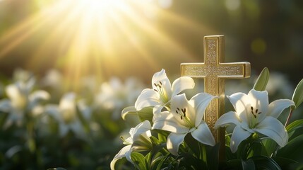 Elegant Easter background featuring a gold cross with lilies and soft rays of sunlight © Chandlerlikes