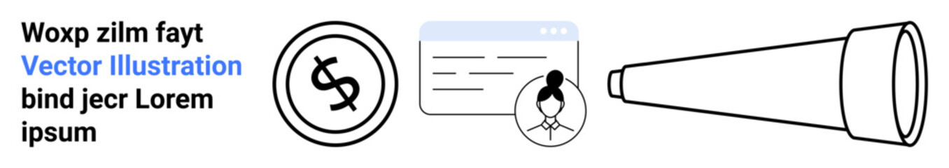 Dollar coin, online profile with a browser window, and telescope representing money, networking, technology, strategy, research, goals and exploration. Ideal for finance career metrics planning