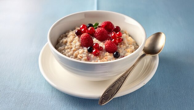 Oatmeal with raspberries and currants in a white cup with a spoon
