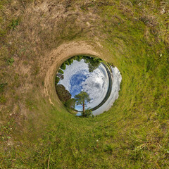 blue hole sphere or globe little planet inside grass or sand or dry ground frame background with...