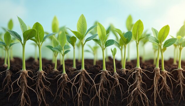 Young soybean shoots with roots in soil. Green plants grow. Vegetable plants agricultural, food concept. Green sprouts grow from soil. Agriculture, growth, root system. Close-up with focus on plants.