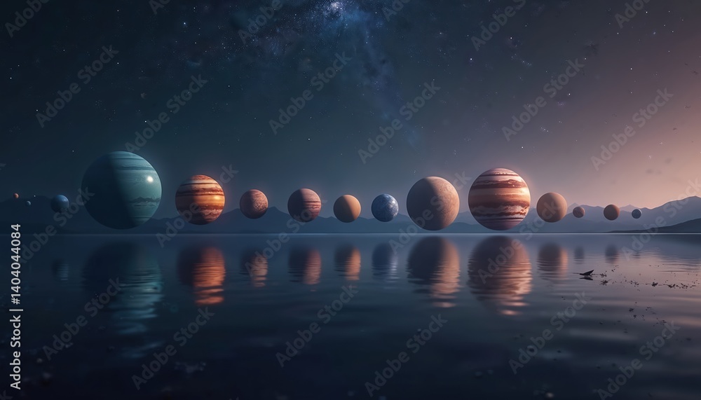 Aufkleber Cosmic alignment planets stars sequence reflected water surface. Planets array floating over the water. Beautiful space landscape with starry sky. Astronomy, science, universe concepts.
