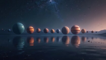 Cosmic alignment planets stars sequence reflected water surface. Planets array floating over the water. Beautiful space landscape with starry sky. Astronomy, science, universe concepts.