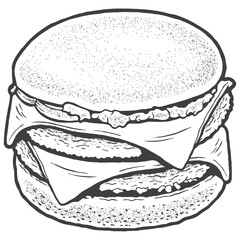 Double cheese burger, Detailed hand-drawn vector sketch with stipple shading style.
