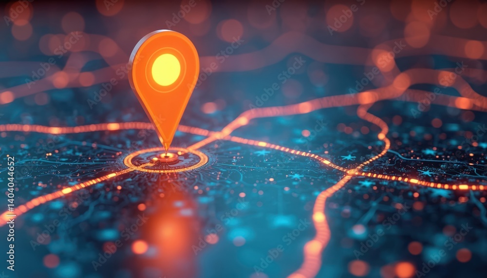 Fototapete Illustration with location marker beacon on digital map. Modern GPS navigation system with route concept. Technology, direction, travel, find location on planet Earth.