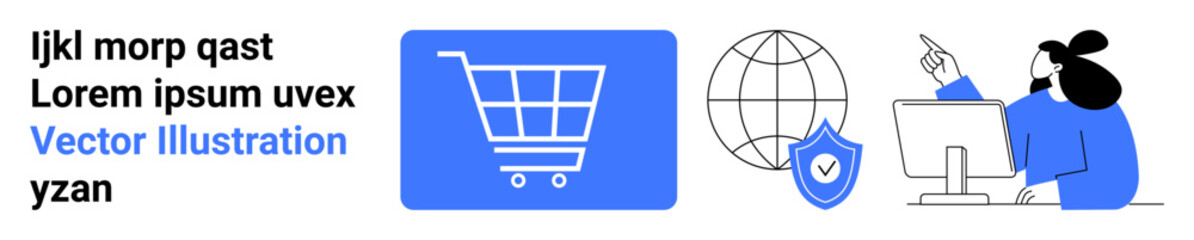 Shopping cart icon, globe with shield, professional using computer, suggesting online shopping, security, global reach, consumer behavior, digital economy, technology business strategy simple