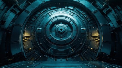 Futuristic, intricate, and technologically advanced interior space.  High-tech machinery and components surround a central circular hub