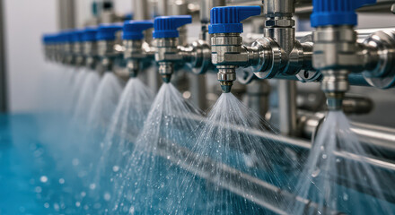 System nozzles spraying water in industrial setting 