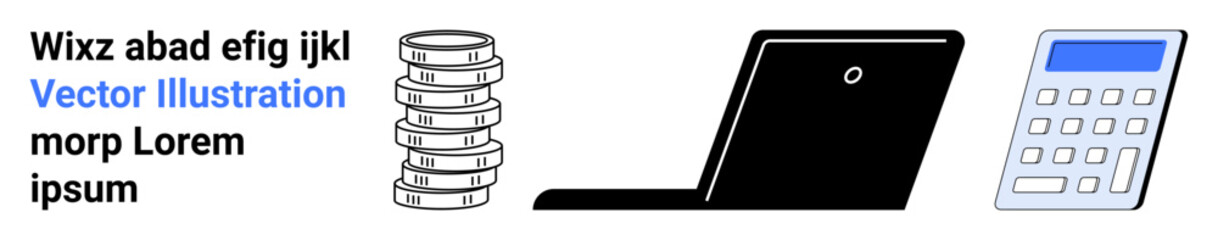 Laptop beside calculator and coin stacks symbolizing budget planning, financial analysis, savings, investment, e-commerce, accounting, and data computation. Ideal for simple landing page