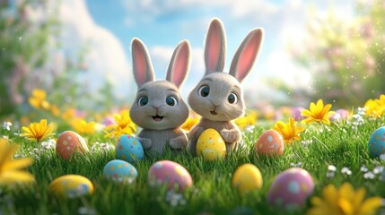 Fototapeta premium Easter sale offer with vibrant colors, Easter bunnies, and playful graphics