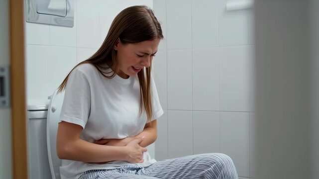 Young woman sits in the toilet, visibly distressed from abdominal pain due to menstruation. Dressed in a simple white shirt and patterned pajama pants, she leans forward, holding her stomach.