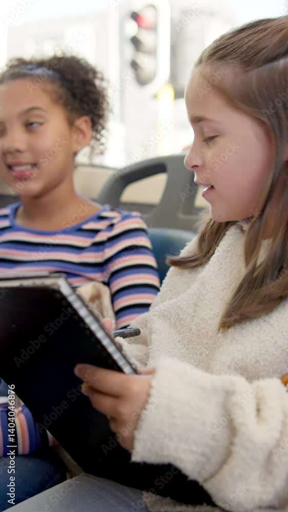 Poster study, notebook and children on bus for travel together with learning for exam or test. happy, educa