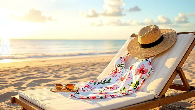 Sunset beachwear still life, floral swimsuit and summer accessories laid on white chair, looking serene and calm, concept: travel gear, vacation fashion, resort marketing Serene, sunlit minimalism 