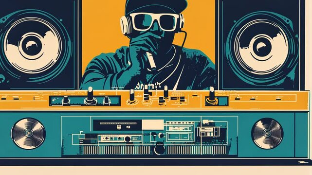 Retro DJ Equipment and Dance Party Illustration with Turntables and Headphones