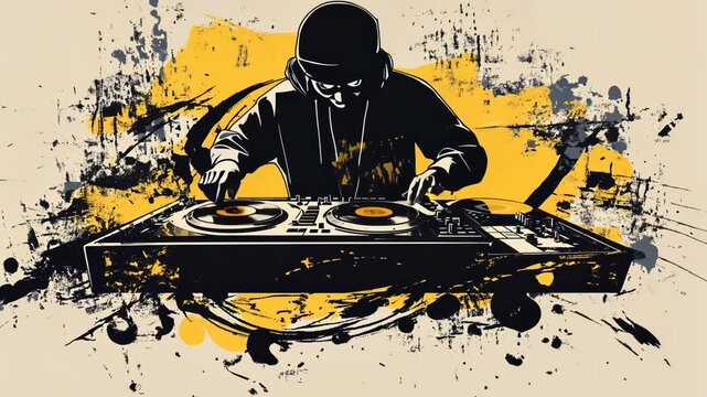 Urban DJ Music Mix Cartoon Illustration with Hip-Hop Vibe and Grunge Style