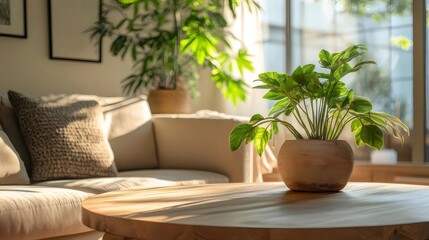 Indoor Living Room with Houseplants on Wooden Table and Sofa Under Natural Sunlight
