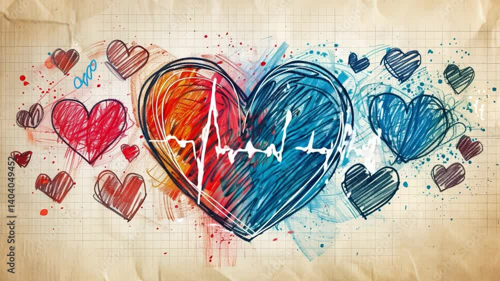 Leinwandbilder a vibrant design showcases a heart divided into red and blue sections, featuring a heartbeat line ac