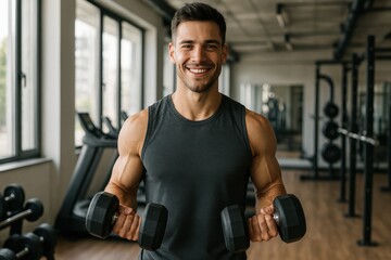 Fototapeta na wymiar A muscular man smiles and holds dumbbells in a well-equipped gym. Concept of: Physical prowess.
