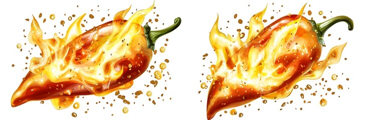 Fiery Chili Pepper with Flames and Spices for Culinary Designs