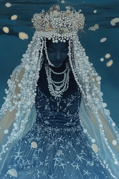 An artistic and mystical photograph of Yemanja, the orisha of the sea, depicted as a celestial goddess emerging from the depths of the ocean. Her face is hidden by a veil of white beads and pearls, re