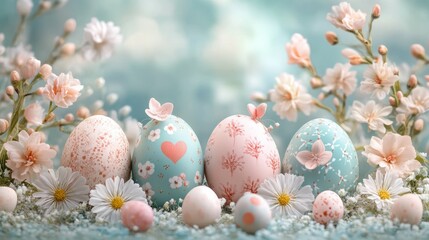 Heartfelt Easter wishes in elegant script, surrounded by pastel-colored eggs and delicate flowers
