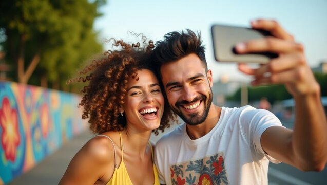 Young couple enjoys a sunny day taking selfies in a vibrant outdoor setting with colorful murals in the background