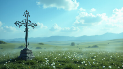 An old, weathered cross stands alone in a grassy field under a clear blue sky with mountains on the horizon.