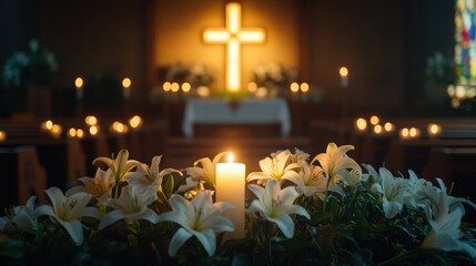 Beautiful Easter church service with an altar decorated with lilies, a glowing cross, and soft candlelight