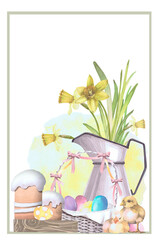 Narcissus in jug, Easter cake, eggs in a wicker basket with bon, chickens watercolor illustration isolated on white. Elements Hand drawn in pastel tones for Easter cards, packaging and festive decor