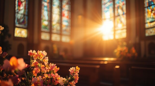 Beautiful Easter Sunday service in a peaceful church, with soft light streaming through stained glass windows