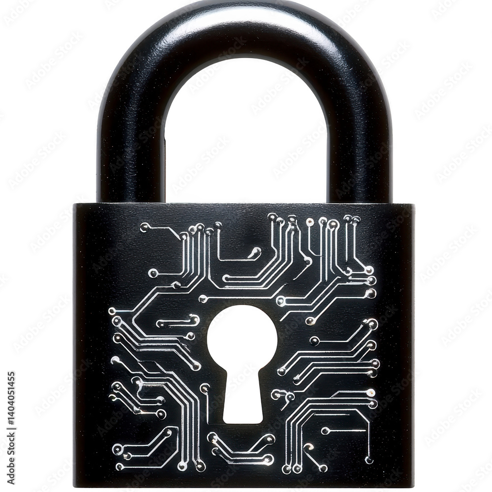 Poster black padlock with circuit board design symbolizes cybersecurity and data protection. keyhole is cen