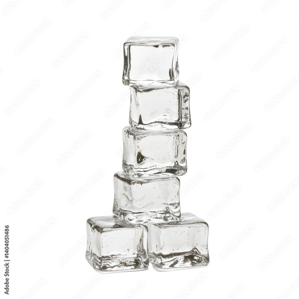 Poster stack of clear ice cubes is balanced vertical arrangement, showcasing their transparency and smooth 