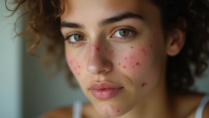 Vulnerable portrait of a young woman with natural beauty in soft light, showcasing her emotions and imperfections