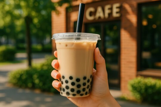 A person holds a bubble tea drink with tapioca pearls in front of a cafe. Concept of: Popular tea trend.