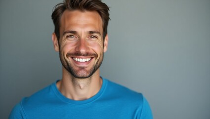 Fototapeta premium Charming man with a bright smile wearing a blue shirt against a neutral background