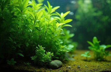 Vibrant green plants flourish in aquarium. Underwater scene, aquatic ecosystem with vegetation, moss on ground. Close-up shot rich details. Ideal for eco, nature, home decor, pet supplies, underwater
