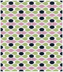 A geometric pattern featuring alternating rows of dark circles and wavy shapes in pastel pink, green, and black on a white background.

