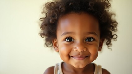 Naklejka premium Bright-eyed young mixed race child smiling warmly with curly hair in a playful indoor setting during daytime