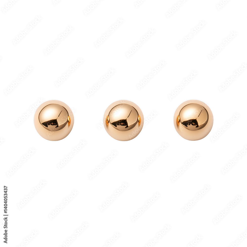 Poster three shiny golden spheres are aligned against transparency background, reflecting light and creatin