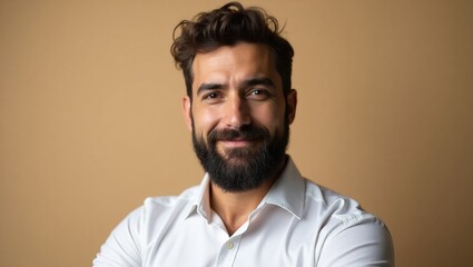 Fototapeta premium Portrait of a distinguished bearded man smiling confidently in a neutral setting with soft lighting and a warm background