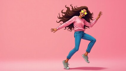 Lively young woman dancing joyfully against a pink background during a sunny afternoon