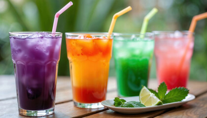 Four bright summer drinks with straws and ice, arranged on a wooden table. The drinks are in tall clear glasses, next to a plate with lime slices and mint leaves. Vacation at beach resort