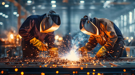 Focused Industrial Welders Working In Factory