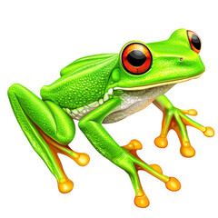 Obraz premium vibrant green tree frog with striking red eyes and orange webbed feet is depicted in realistic style. frog textured skin and alert posture convey sense of liveliness and curiosity