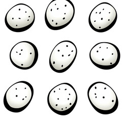 Nine white stones with black spots are arranged in grid pattern on transparency background, creating simple and minimalist design. stones vary slightly in shape and spot distribution