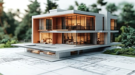 Modern house model situated on architectural blueprints.