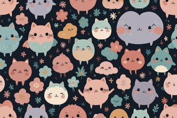 Cute cartoon cats and clouds in seamless pastel pattern