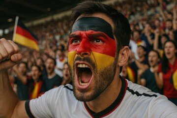 Passionate German soccer fan with face paint screams in support at the stadium. Concept of: National sports fervor.