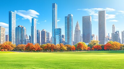 Obraz premium Vibrant Urban Skyline with Modern Skyscrapers and Autumn Trees